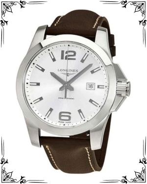 Longines Conquest Silver Dial Brown Leather Men's 43mm Watch