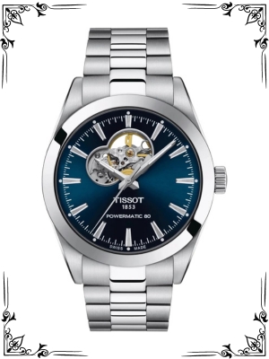 Tissot Mens Gentleman Powermatic 80 Open Heart 316L Stainless Steel case Automatic Watches, Grey, Stainless Steel