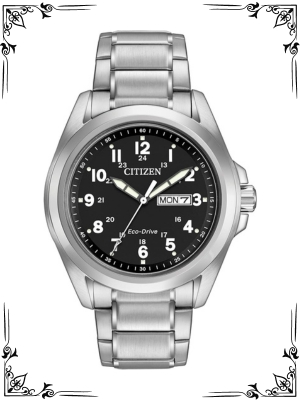 Citizen Men's Eco-Drive Weekender Garrison Field Watch in Stainless Steel, Black Dial, Arabic Markers, Luminous, 43mm (Model AW0050-82E)