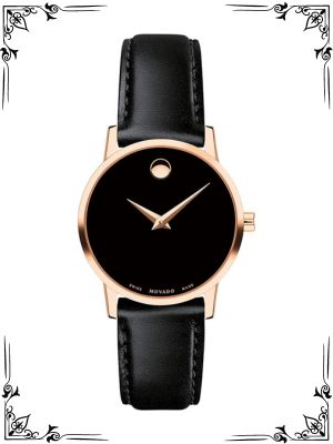 MOVADO Swiss Museum Classic Black Dial Women's Rose Gold PVD Slim Leather Watch